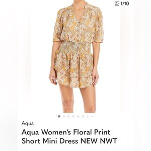 Aqua - Floral V-Neck dress in Tan and Yellow